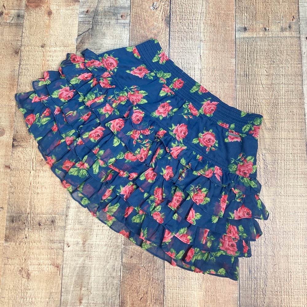 Y2K Abercrombie & Fitch Navy Blue Red Rose Floral Tiered Ruffle Mini Skirt Large